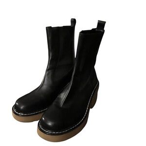 Marc Fisher LTD Fredy Mid-Calf Leather Booties Size 8.5 Black Lug Sole Round Toe